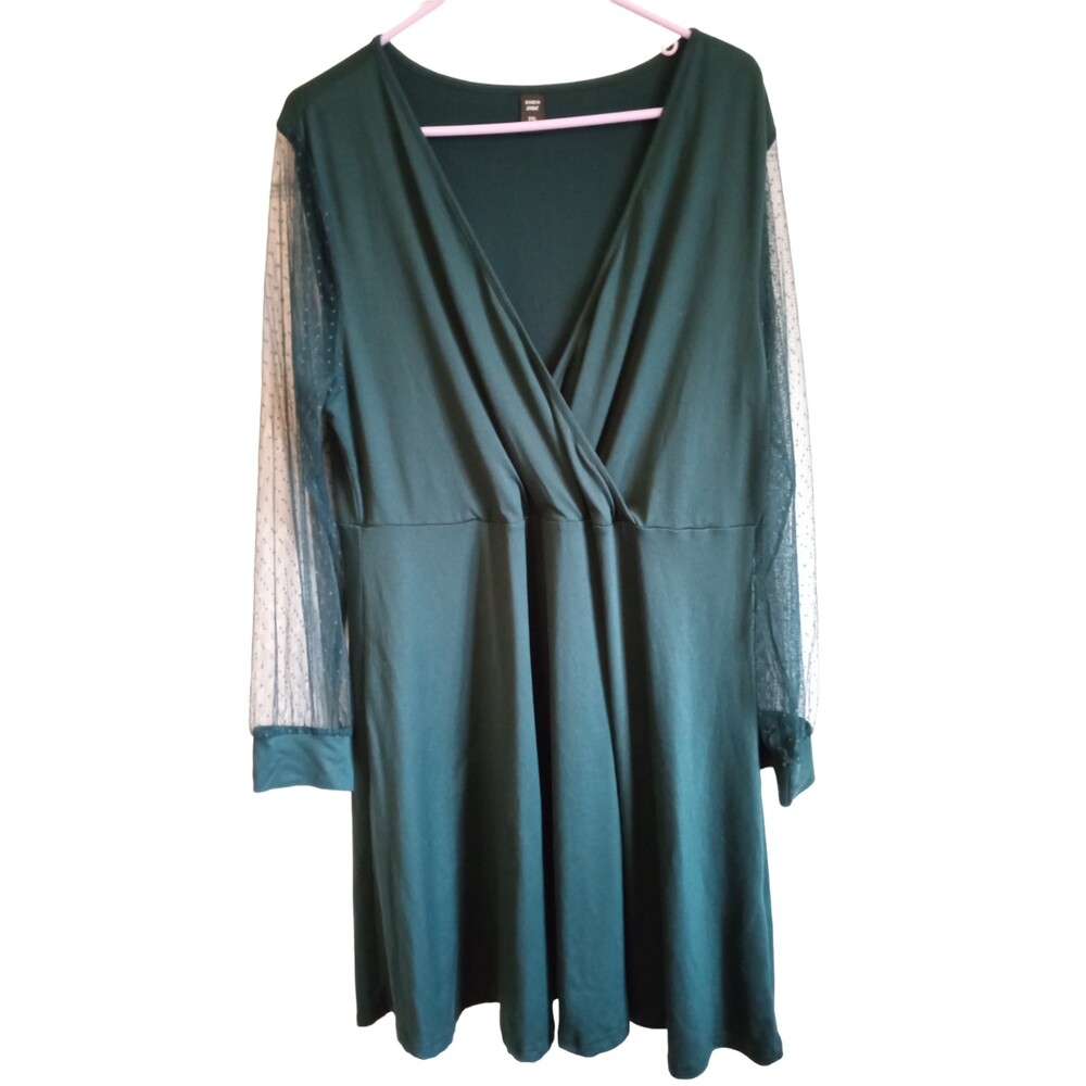 SHEIN Curve Dark Green Faux-Wrap Dress with Mesh Dobby Sleeves - Size 2XL